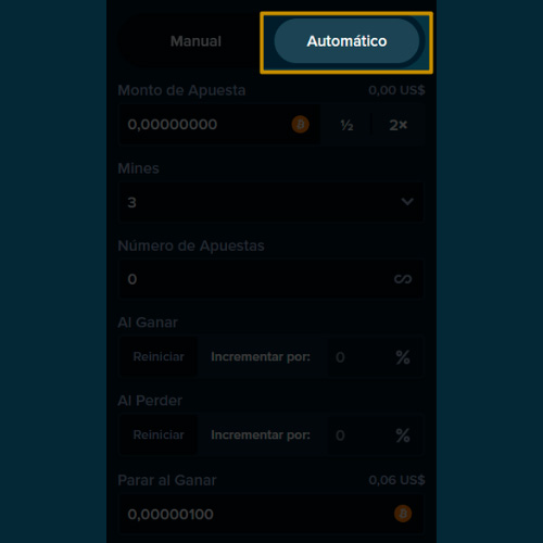 Utilizar la función de juego automático en Mines in Stake