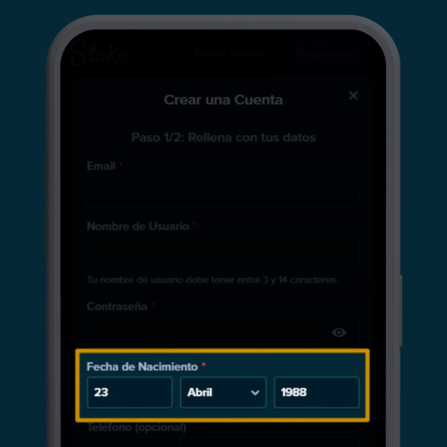 Ingrese su fecha de nacimiento en la aplicación Stake